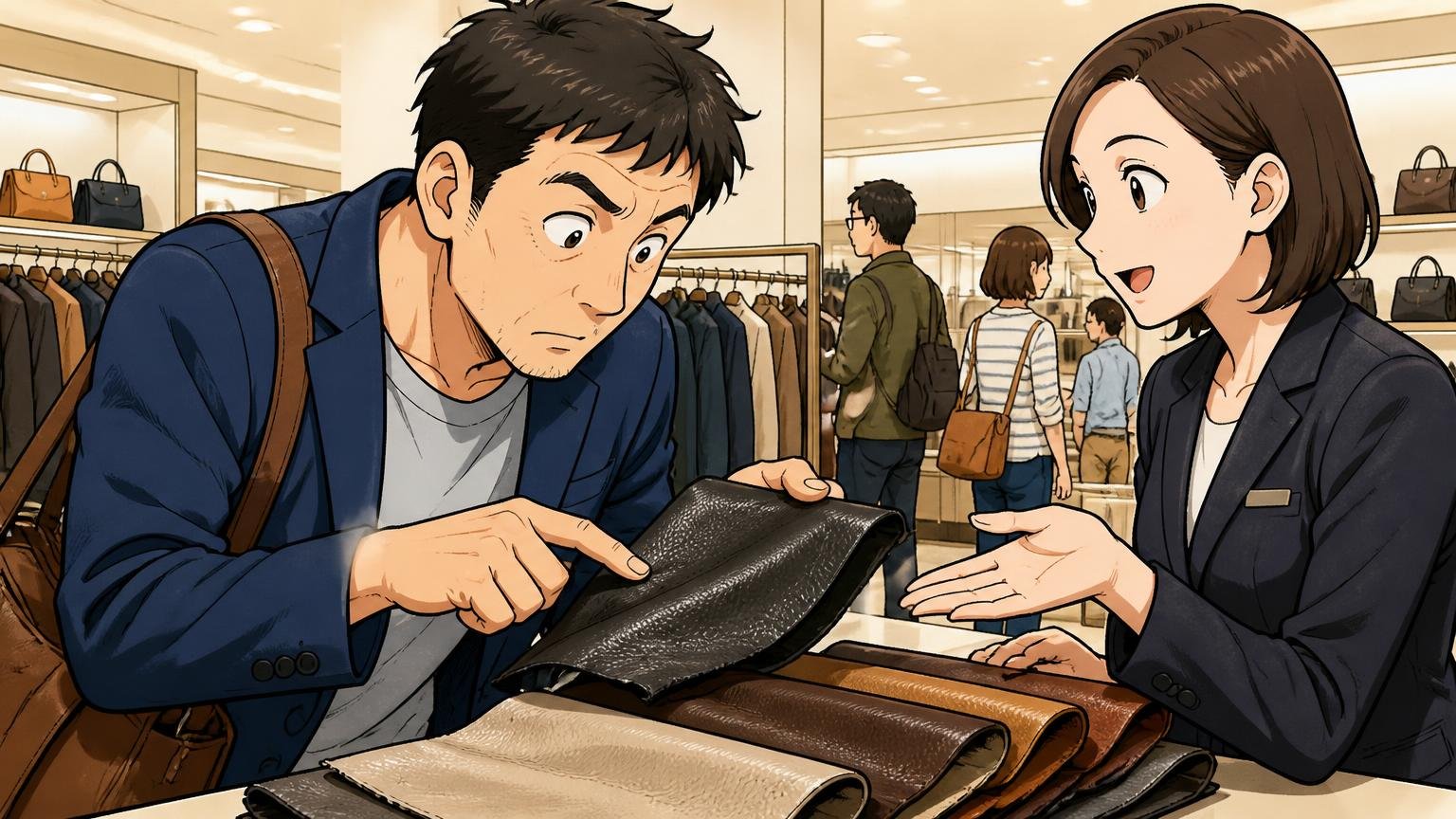 「レザー調」は本革ではない｜素材欄の読み方　百貨店の売り場で革の質感を指でなぞって確かめる40代男性1人と店員1人が向き合う場面
