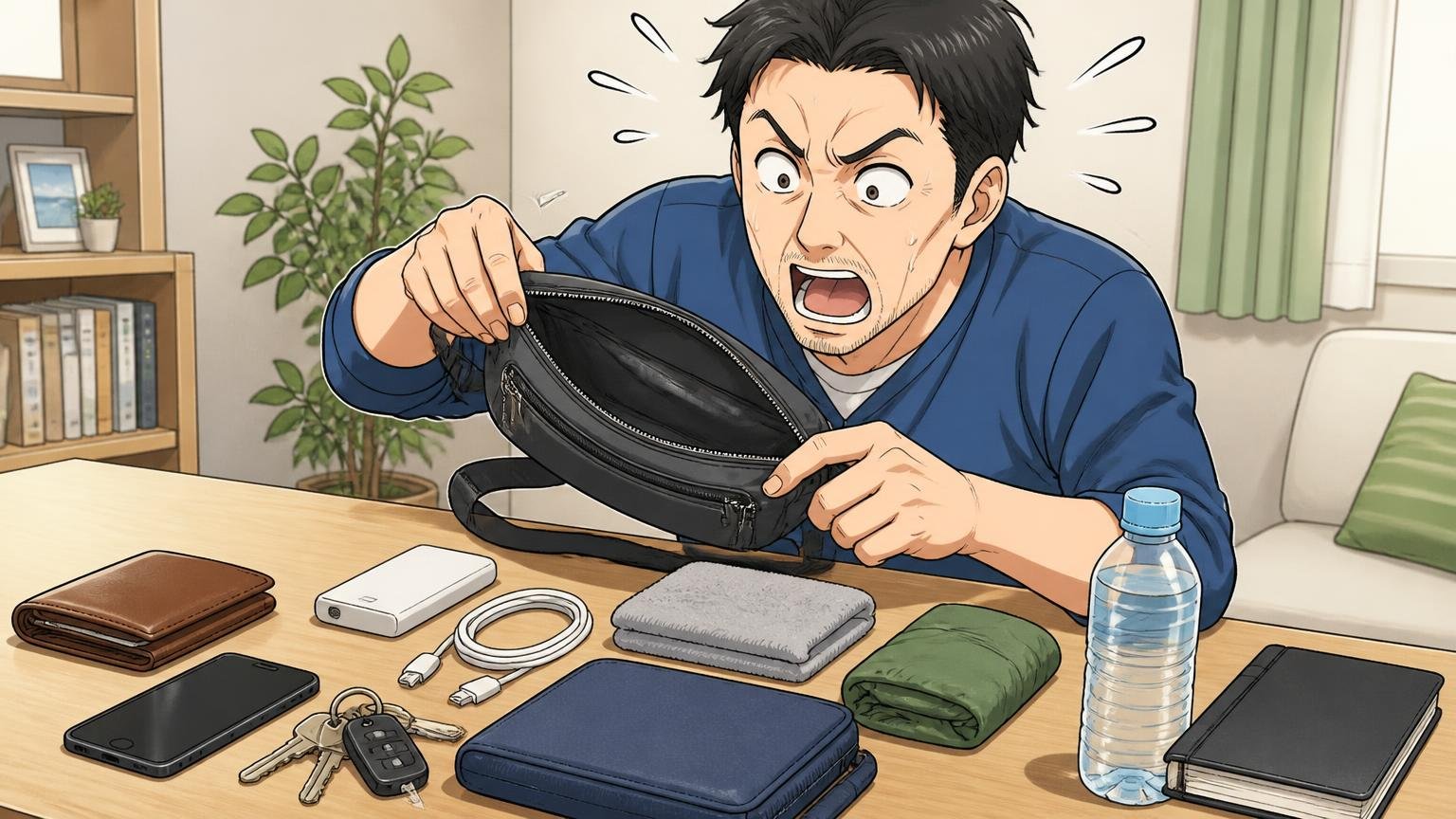 思ったより小さい・革には見えない 自宅の机の上に荷物を並べてボディバッグに入るか試す40代男性