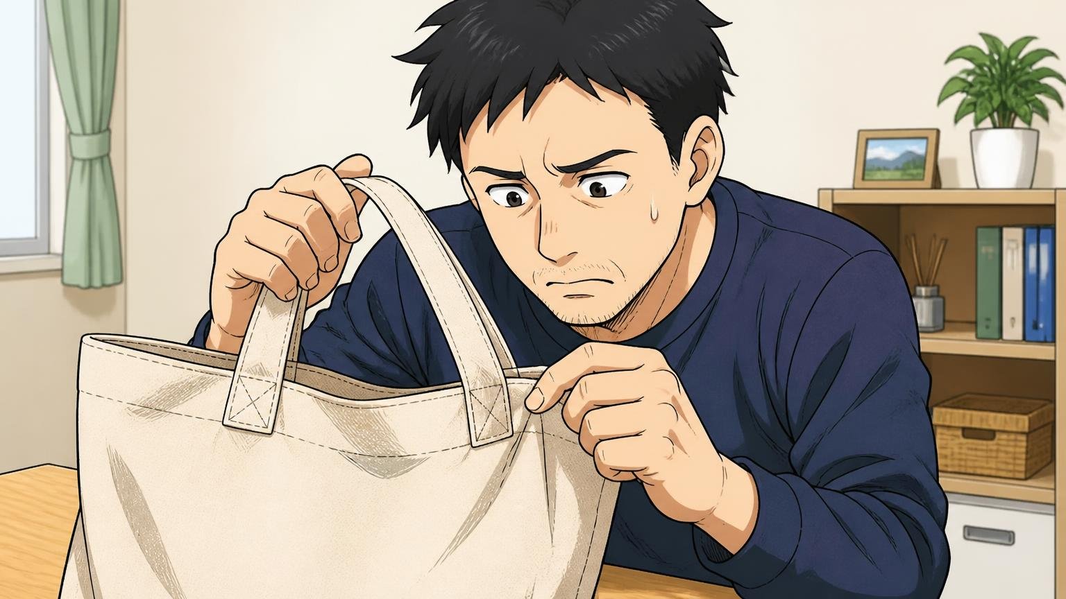 持ち手・付属品・ファスナーの耐久性に不安の声、自宅の机でトートの持ち手の付け根を不安そうに見つめる男性1人