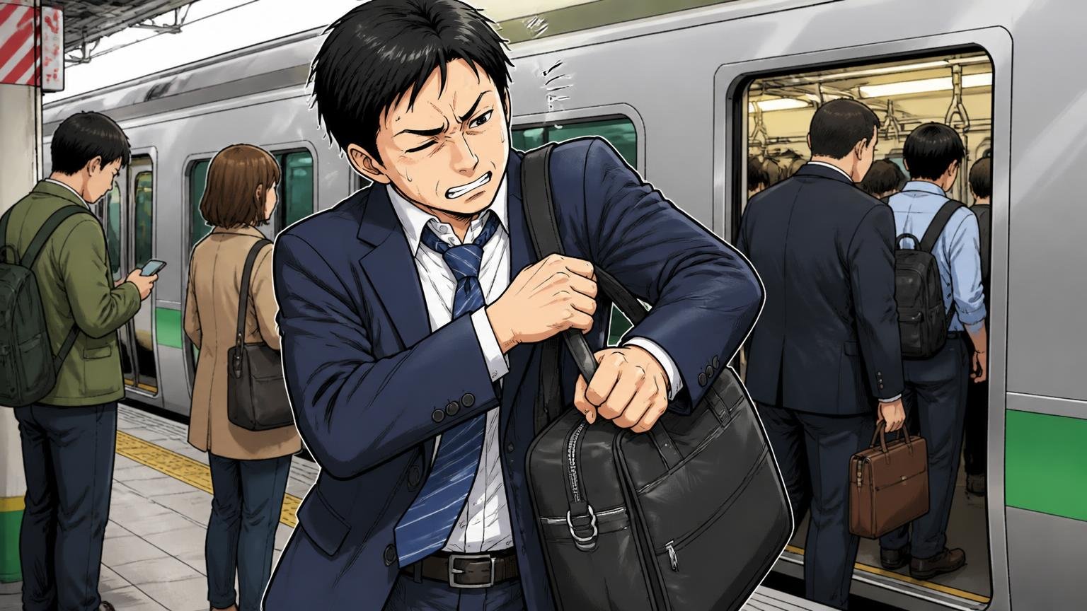 重さやファスナーなど「使ってから気づく」不満もある 通勤電車のホームで重い鞄を持ち替え顔をしかめる会社員1人