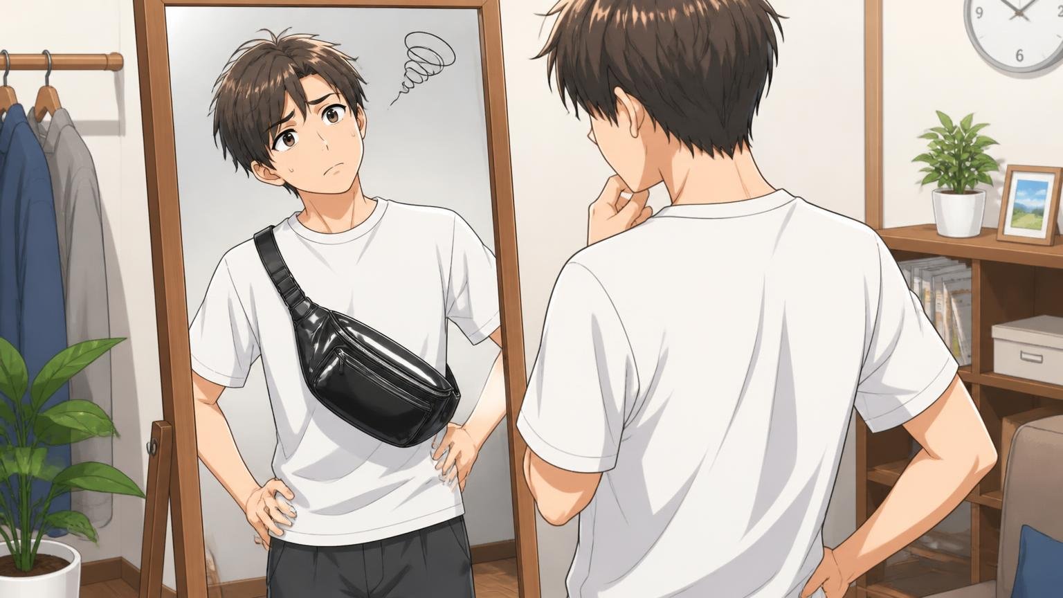 ビジネスバッグのイメージが強く、休日の服から浮きやすい。休日の自宅の姿見の前でTシャツ姿の男性1人がツヤのあるボディバッグを着け、首をかしげて悩む場面