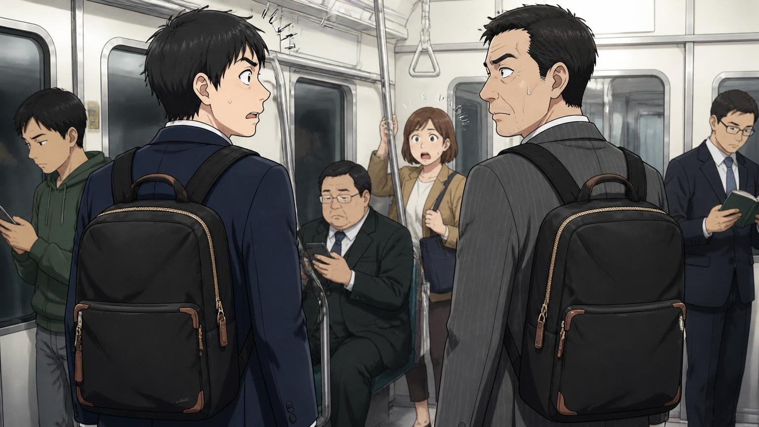理由③世代によって「オロビアンコ」の見え方が違う、通勤電車の車内で同じリュックを背負った男性2人が気まずそうに目を合わせる場面