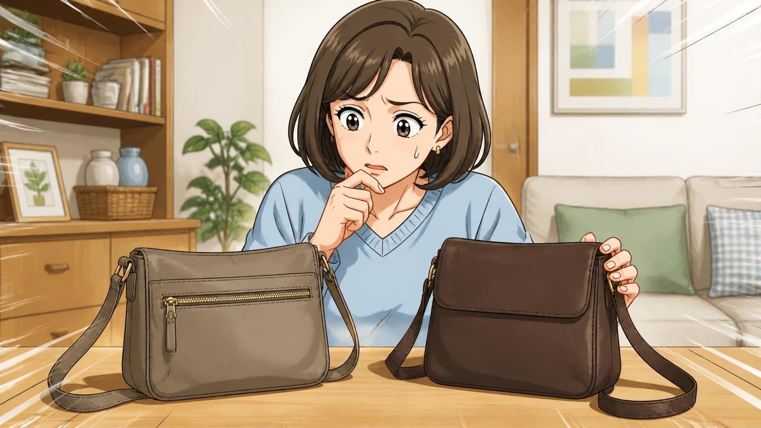 「昔のほうが良かった」はショップ限定の別注品にも注意 自宅のテーブルで新旧2つのショルダーバッグを並べて見比べる40代女性1人