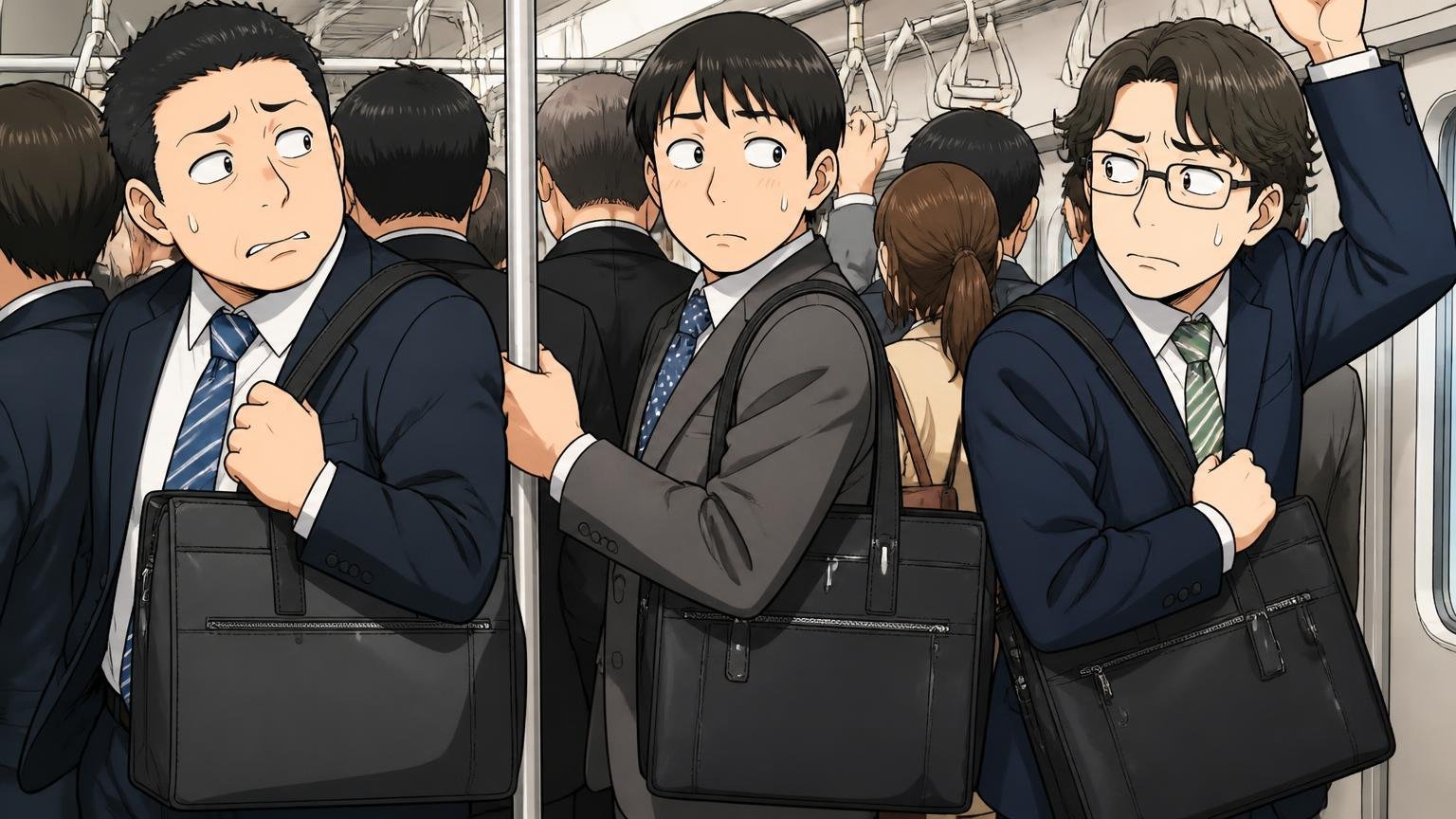 定番すぎて、電車や会社で「被る」 満員の通勤電車で同じバッグを持った会社員同士が気まずそうに目をそらす場面、3人