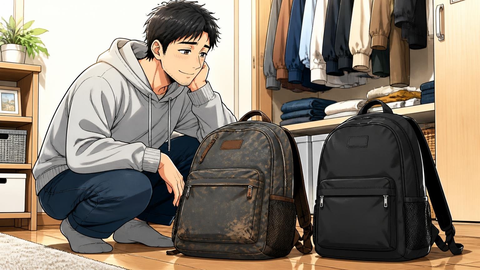 「3年・8年・15年近く使えた」という長期使用の声。自宅のクローゼットの前で使い込んだリュックと新品を並べて懐かしそうに眺める男性1人