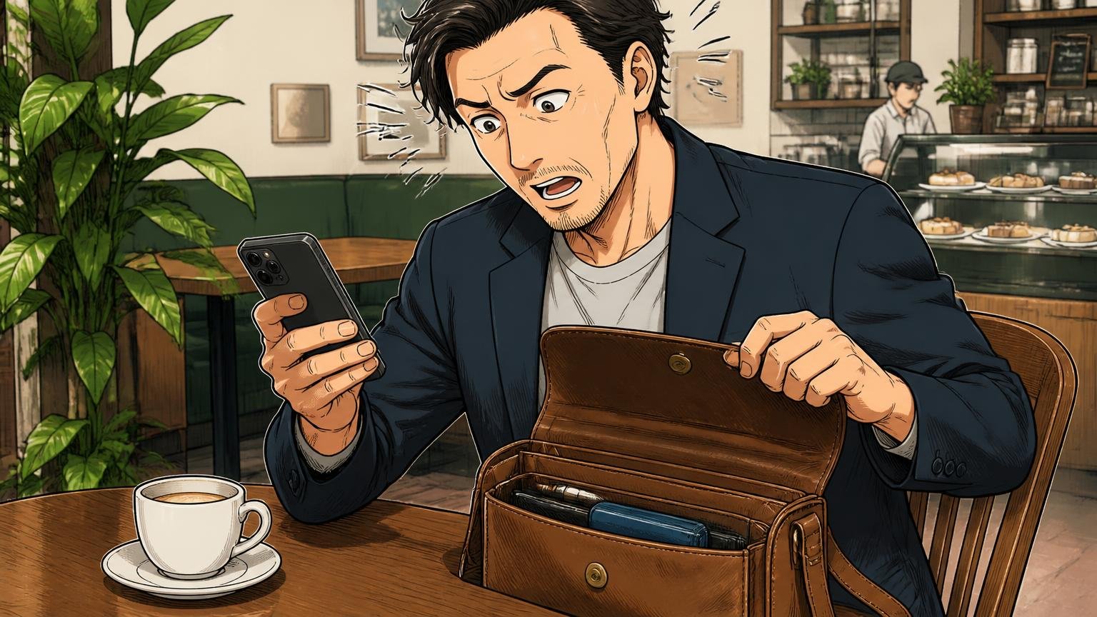 使い勝手への声。カフェのテーブルで革バッグのフラップを開け、スマホの置き場に困る40代男性1人