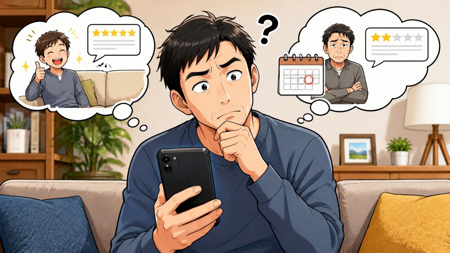 口コミの多くは買ってすぐの声｜何年使った人の声かを見よう｜自宅のソファでスマホの口コミを読む40代男性1人が首をかしげる場面