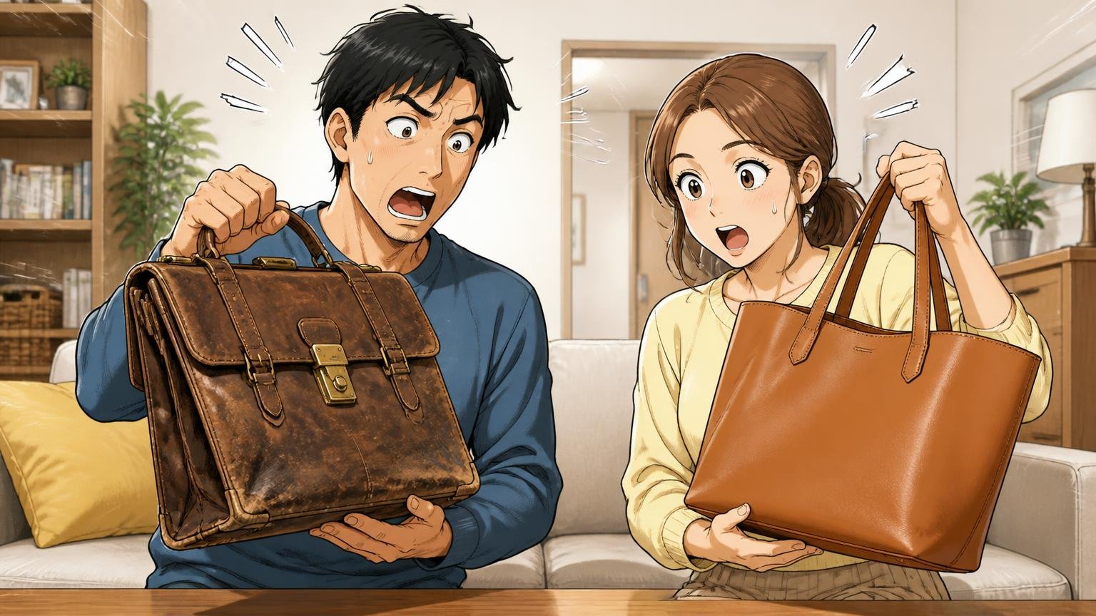 「軽い」と「重い」が両方あるのは比べる相手が違うから 自宅で古い革鞄と新しい革トートを両手に持ち比べて驚く夫婦2人の場面