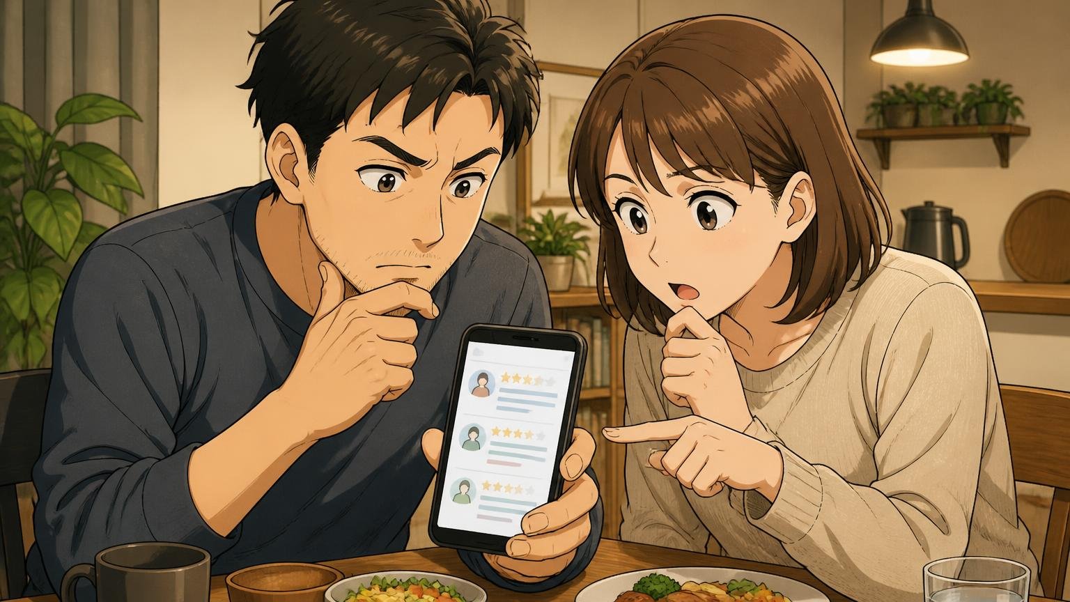 口コミは「星の数」より「年代・使い方・使用期間」で読む 夜のダイニングでスマホのレビュー画面を見せ合う場面 30代夫婦2人が真剣に話し合う