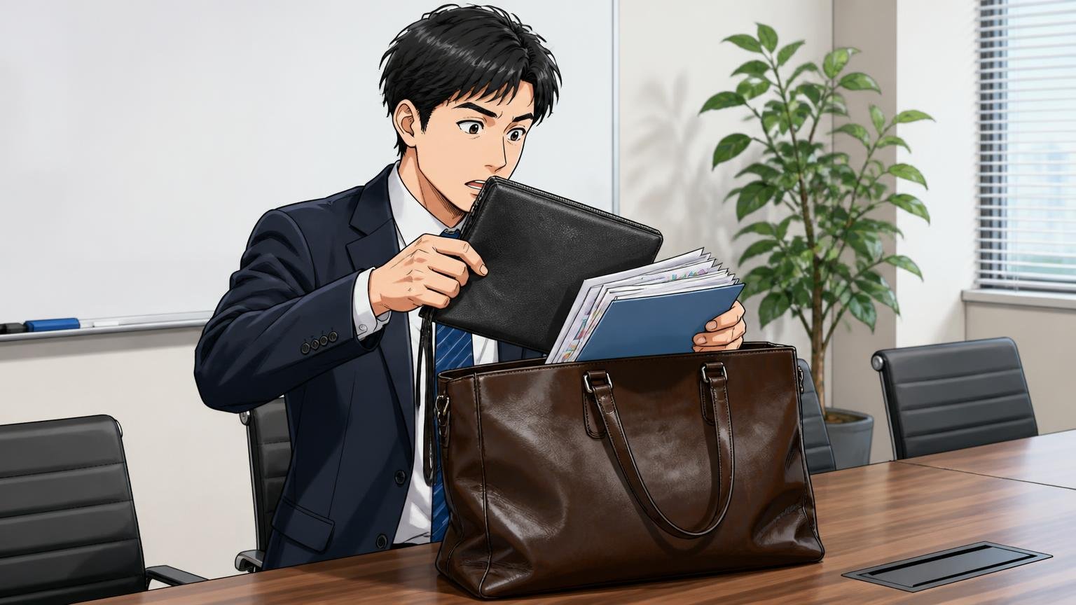【SWORD】オイルレザー 4WAYトート｜収納力と使い分けを重視する人に 会社の会議室の机で、大きな革トートから資料と付属のクラッチを取り出す男性1人