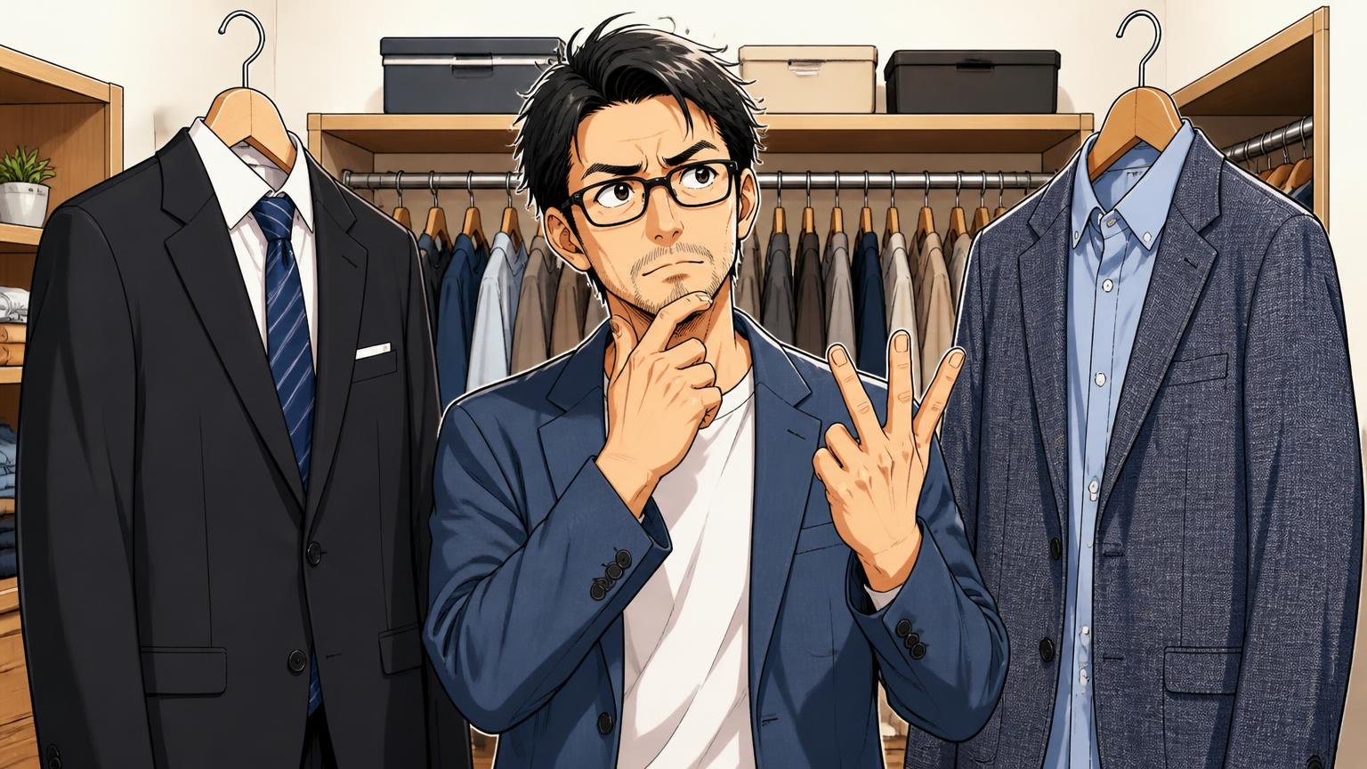 迷ったら「年齢」より「服装×用途×職場の格」で判断する　自宅のクローゼットの前で40代男性がスーツとジャケットを見比べながら指を折って考える場面