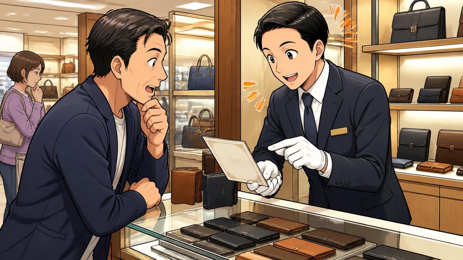 価格帯と保証・修理の窓口、百貨店の革小物売り場で40代男性が店員から保証書の説明を受ける場面