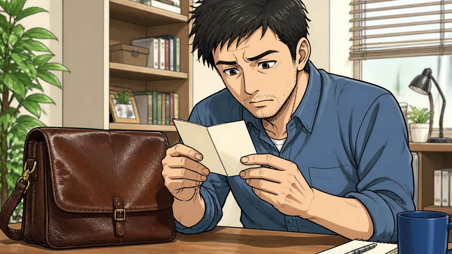 保証は6か月、キズ・雨染みは対象外。自宅の机で革バッグの保証書を手に取り真剣な表情で読む40代男性1人
