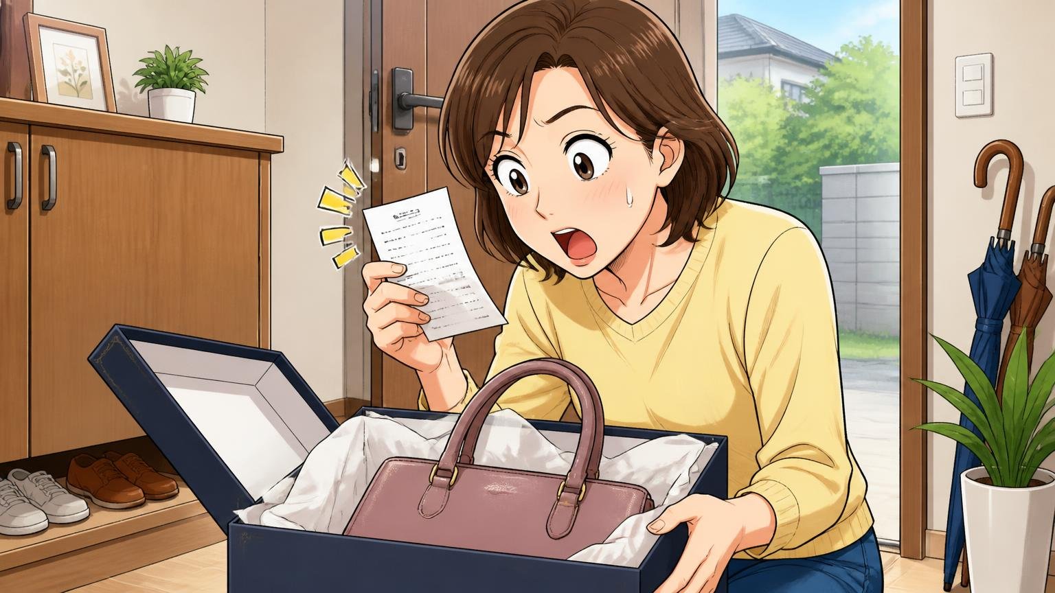 返品は発送から10日以内、アフターケアは「買った店」が窓口　自宅の玄関で40代女性がプレゼント用のバッグの箱とレシートを確かめる場面