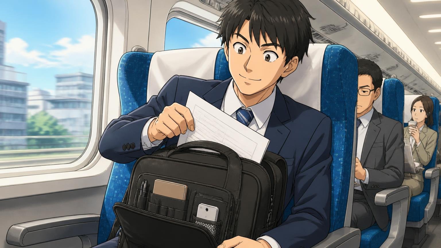 ポケットが多く、通勤も出張もこなせる機能性 新幹線の車内でバッグのポケットから書類を取り出す男性1人が満足そうな場面