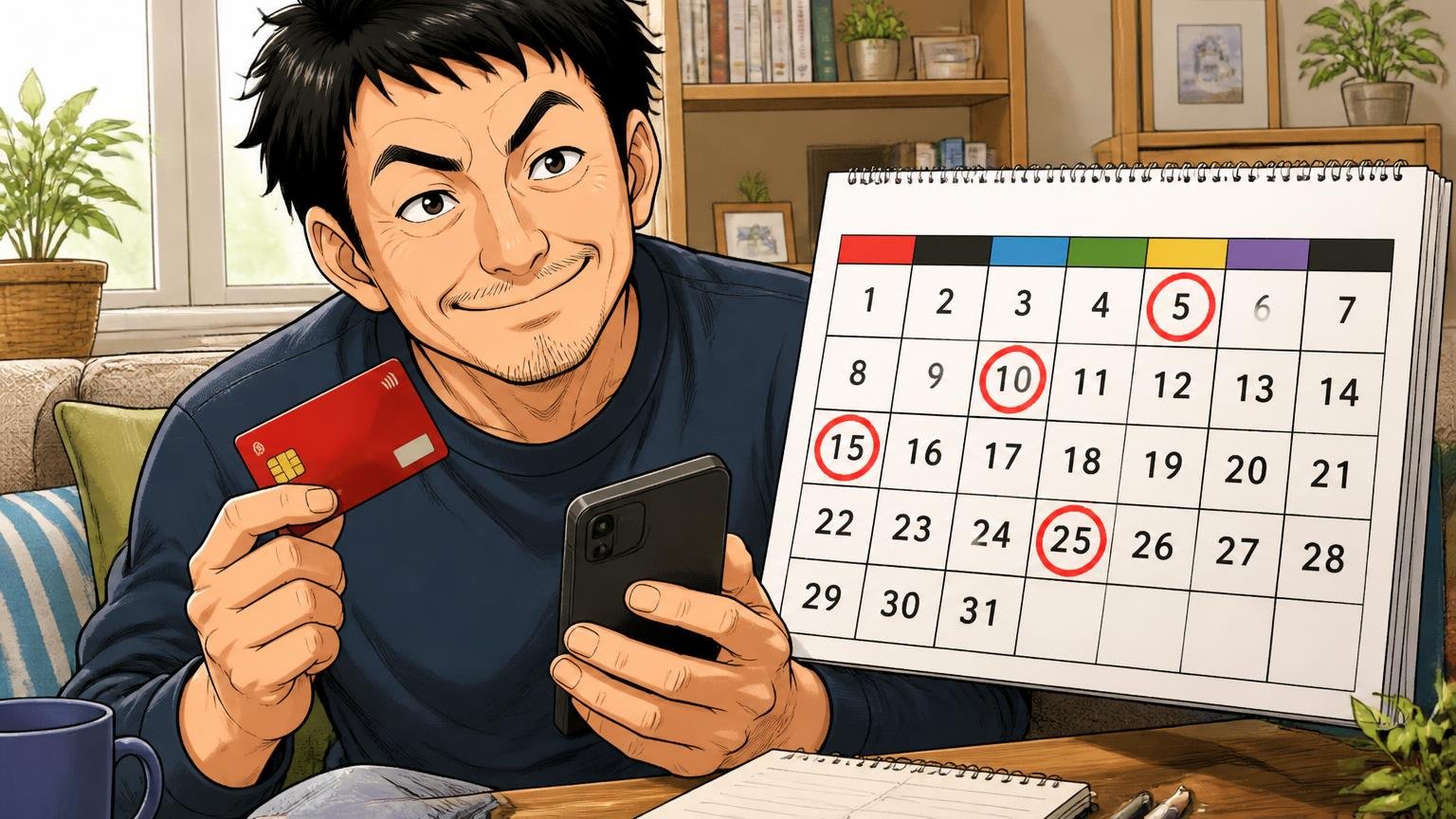楽天が向いている人・向いていない人 自宅のソファで楽天カードとスマホを手にカレンダーの5のつく日に丸をつける40代男性1人 にやりと笑う