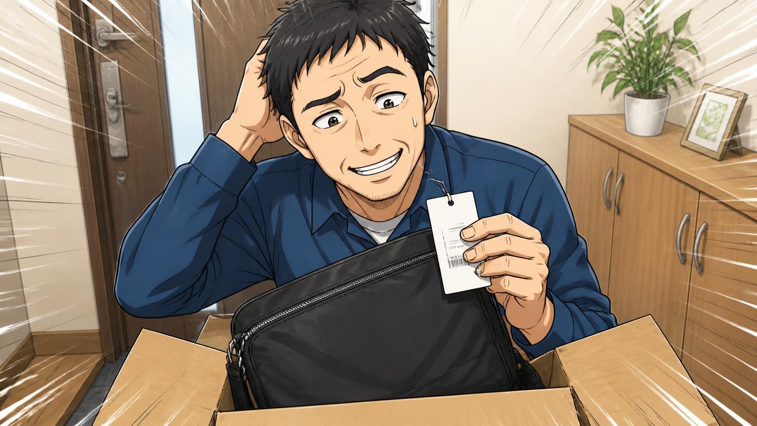 定価タグが付いたまま届いた★1の正体。自宅の玄関で届いた箱を開けバッグの値札を見つけて苦笑いする40代男性