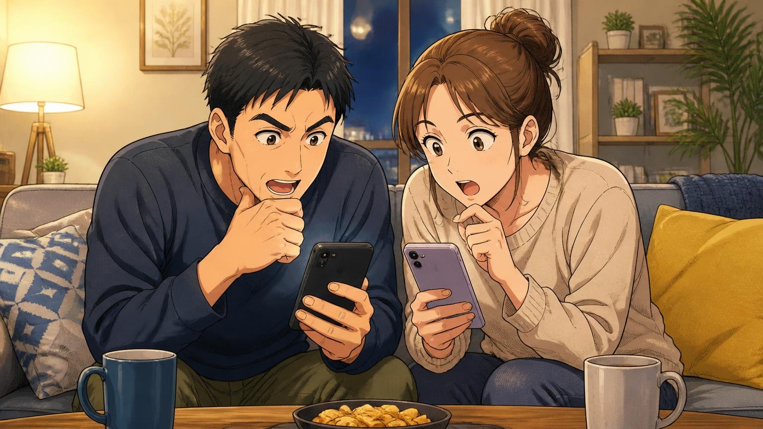 口コミは星の数より「何年・どう使った人の声か」で読む 夜のリビングで夫婦2人がスマホの口コミを読み比べる場面