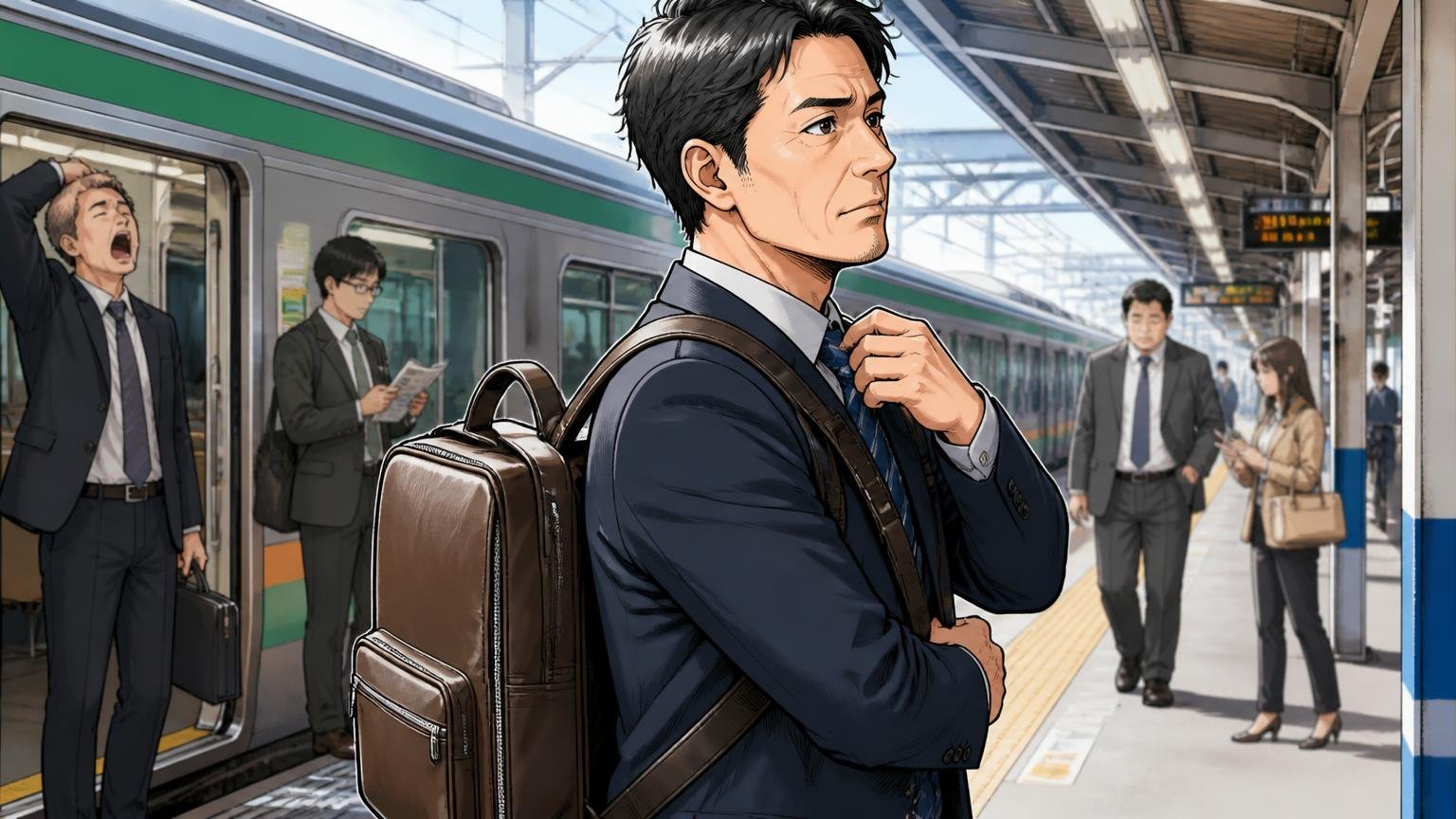 3way・ビジネスリュックの評判：スーツに合い型崩れしにくい、紐が惜しい。朝の駅のホームでスーツに革リュックを背負う40代男性1人が肩紐を直す場面