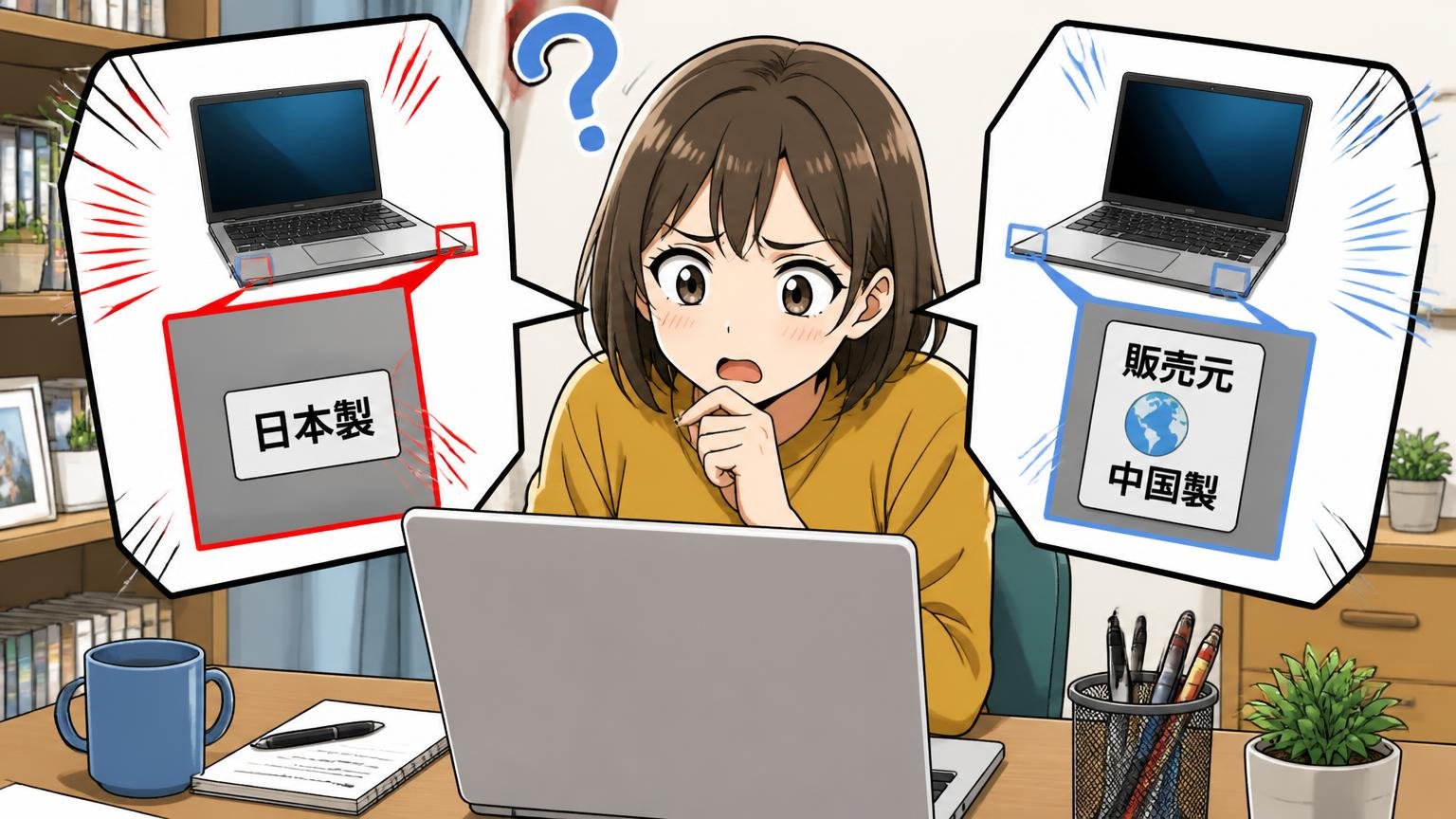 「日本製」の表記と販売元の生産国表示がズレることがある　自宅の机でノートPCの2つの商品ページを見比べて首をかしげる女性1人