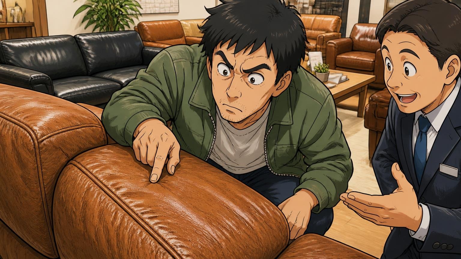 「レザー」の表記だけで本革だと思い込まない、ショールームで革の表面を指でなぞって質感を確かめる男性客1人と店員1人