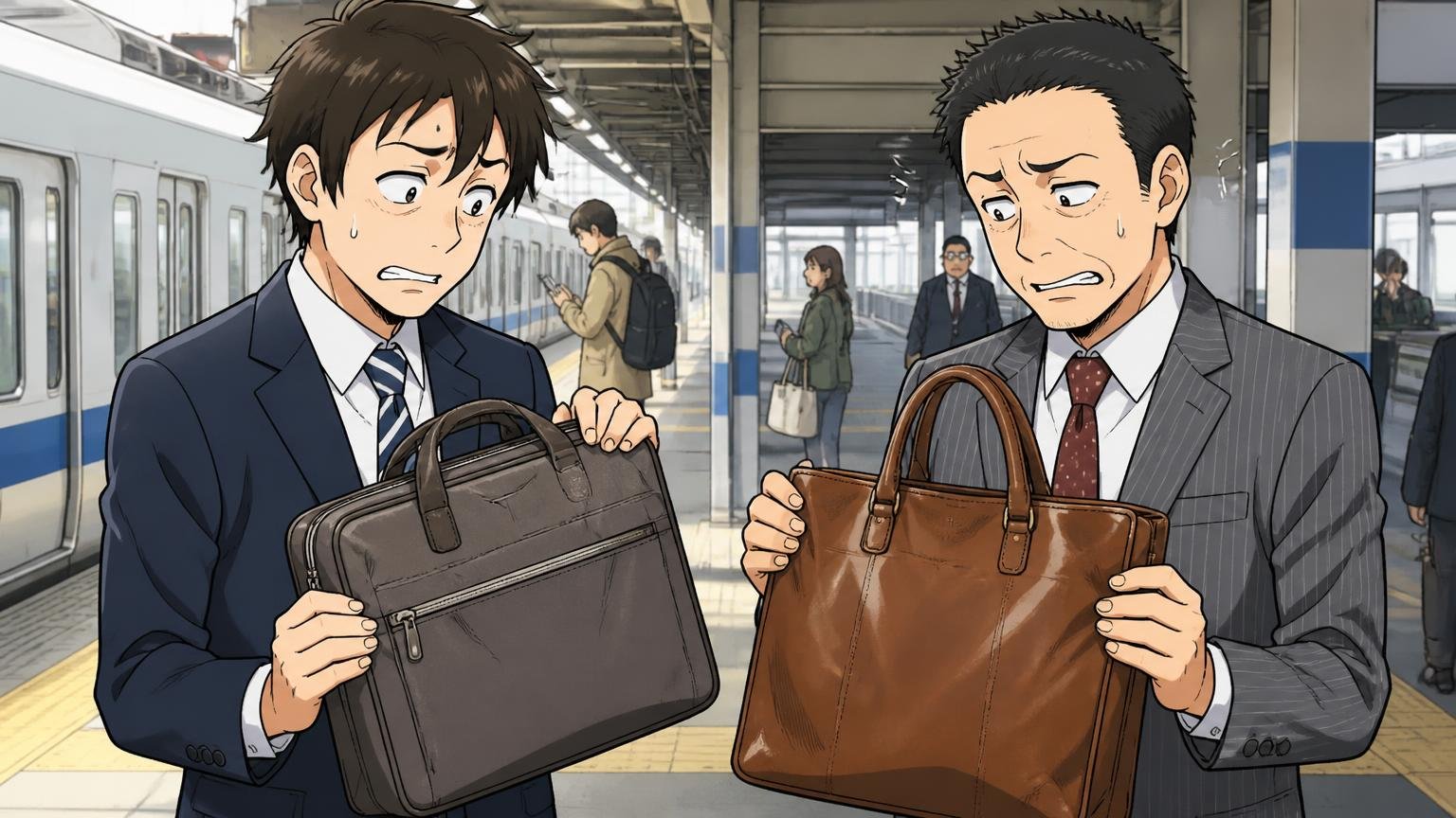 「ダサい？安っぽい？」への正直な答え 駅のホームで同僚とバッグを見せ合い苦笑いする若手と40代の男性2人