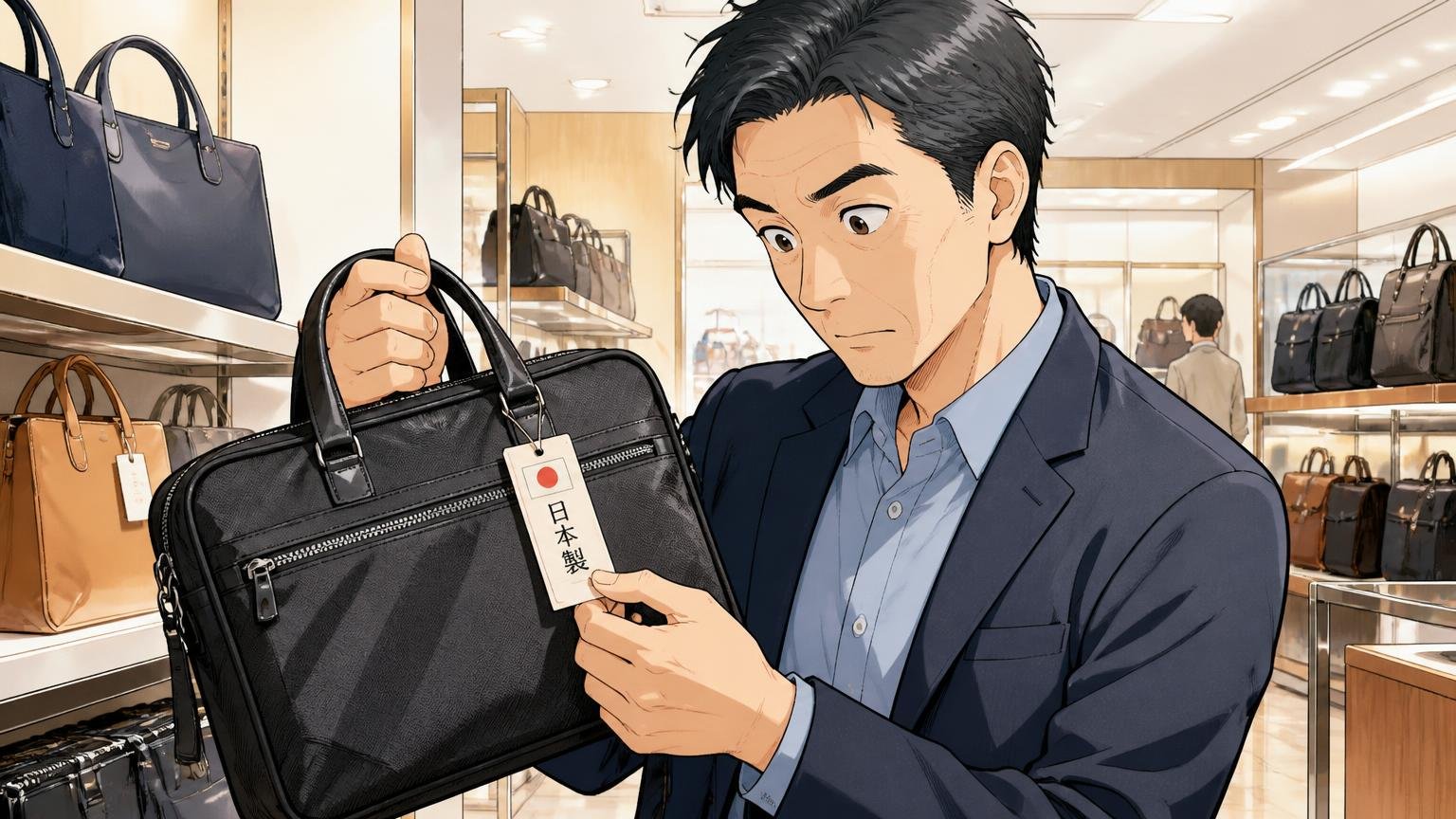日本製(豊岡製)モデルは別物?レビューがほぼない理由 百貨店の鞄売り場で40代男性が日本製タグの付いたバッグを手に取りじっくり見る場面