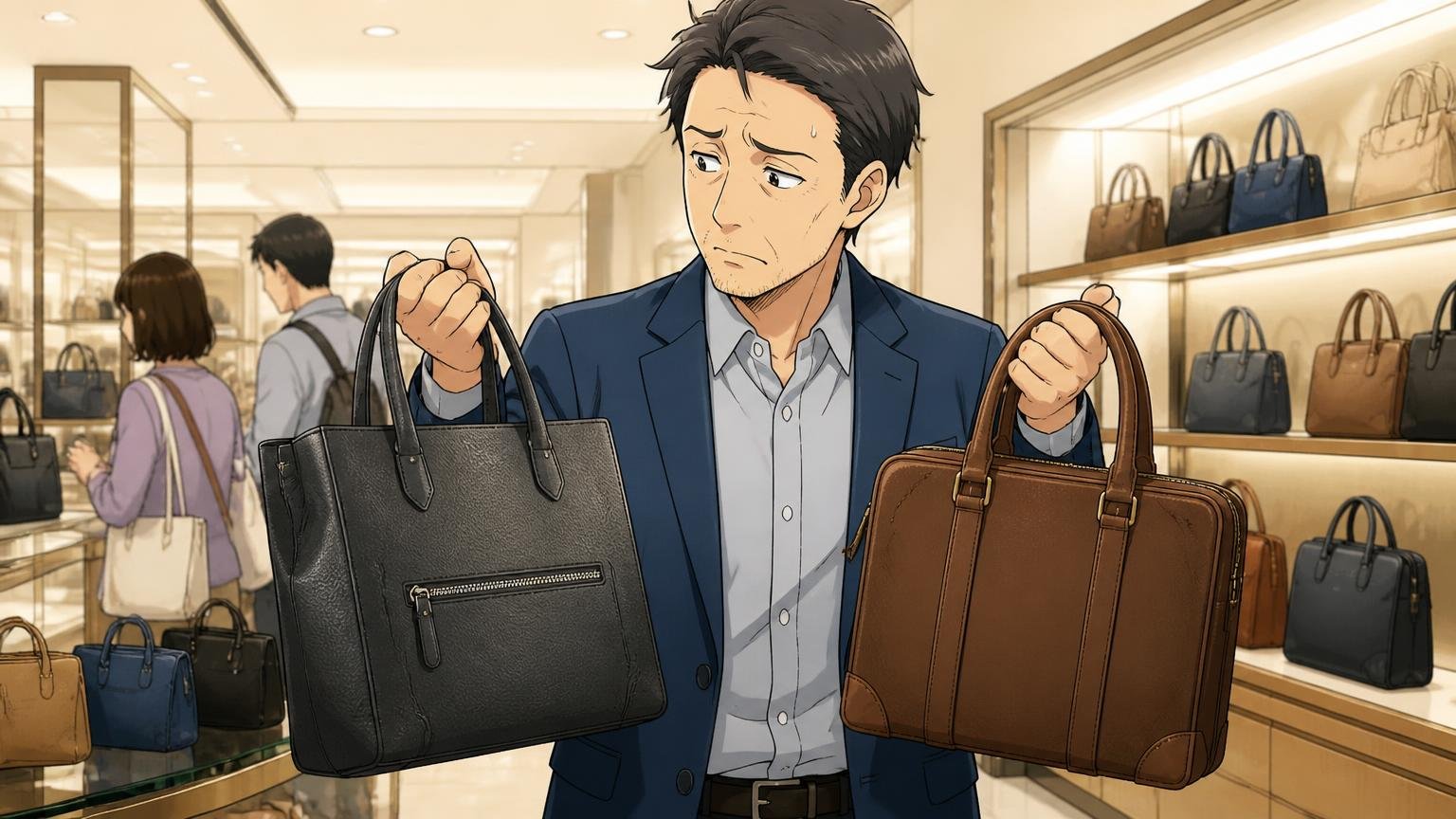 高級ブランドと比べると物足りない、価格が気になる 百貨店の鞄売り場で2つのバッグを持ち比べる40代男性1人