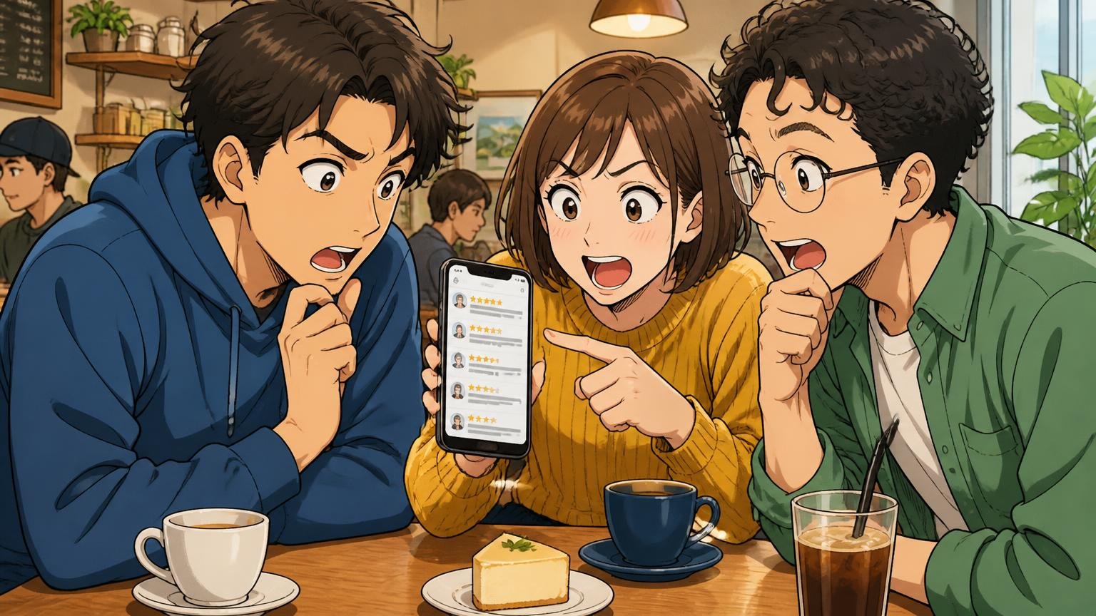 口コミの星の数より「誰が・何年・どう使ったか」を見る カフェでスマホのレビュー画面を見せ合いながら議論する男女3人