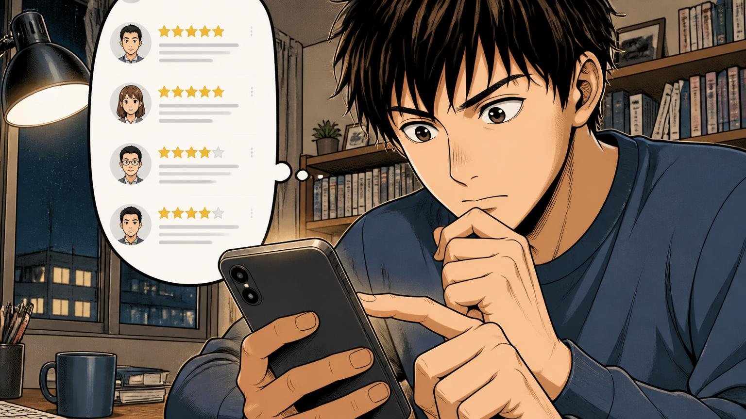 星の数より「何年使った人の声か」を見ると、評価の見え方が変わる 夜の自宅の書斎でスマホの口コミ画面を指でスクロールし、真剣に読む男性1人