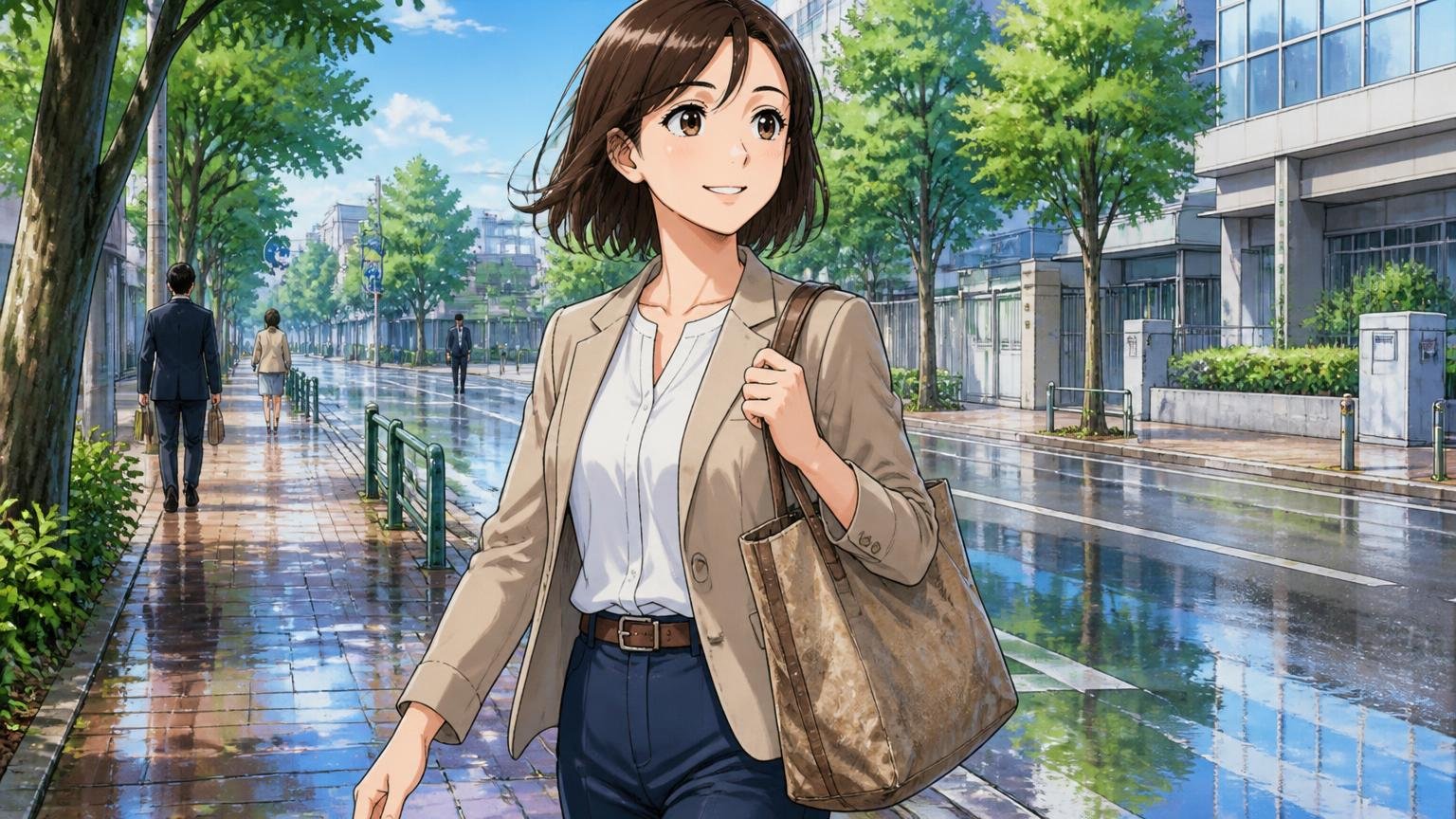ほぼ毎日使っても平気という声もある 雨上がりの通勤路で使い込んだトートを肩に掛ける場面 30代女性1人が軽やかに歩く