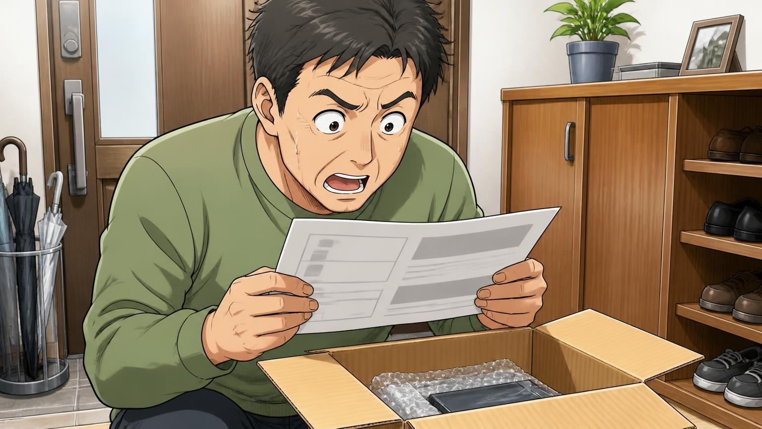 公式ストアの返品は14日以内、修理の窓口は購入先ごとに確認が必要 自宅の玄関で届いた箱を開けて返品の案内書を読み込む40代男性1人の場面