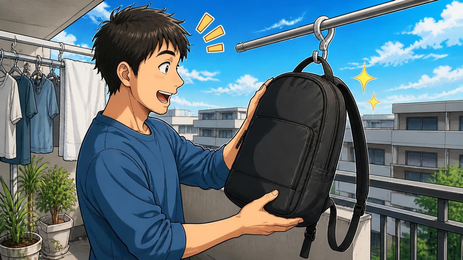 「2年使って型崩れなし」値段のわりに丈夫。自宅のベランダで洗い終えたリュックを干して形を確かめる30代男性1人の場面