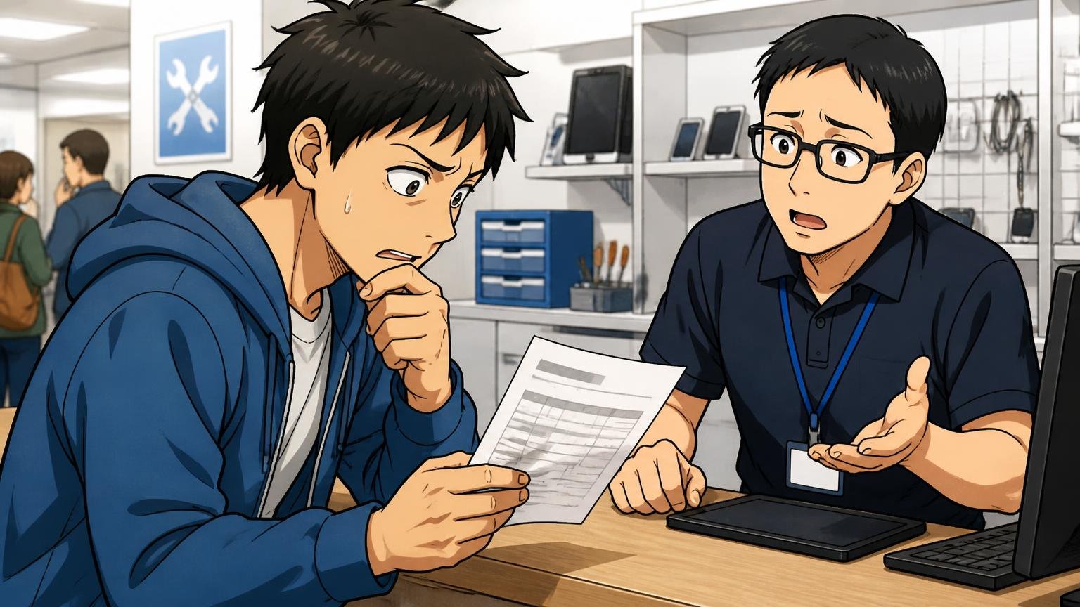 公式の修理サービスはあるが、料金と期間の現実も知っておく 修理受付カウンターで見積書を見て考え込む男性1人と店員1人