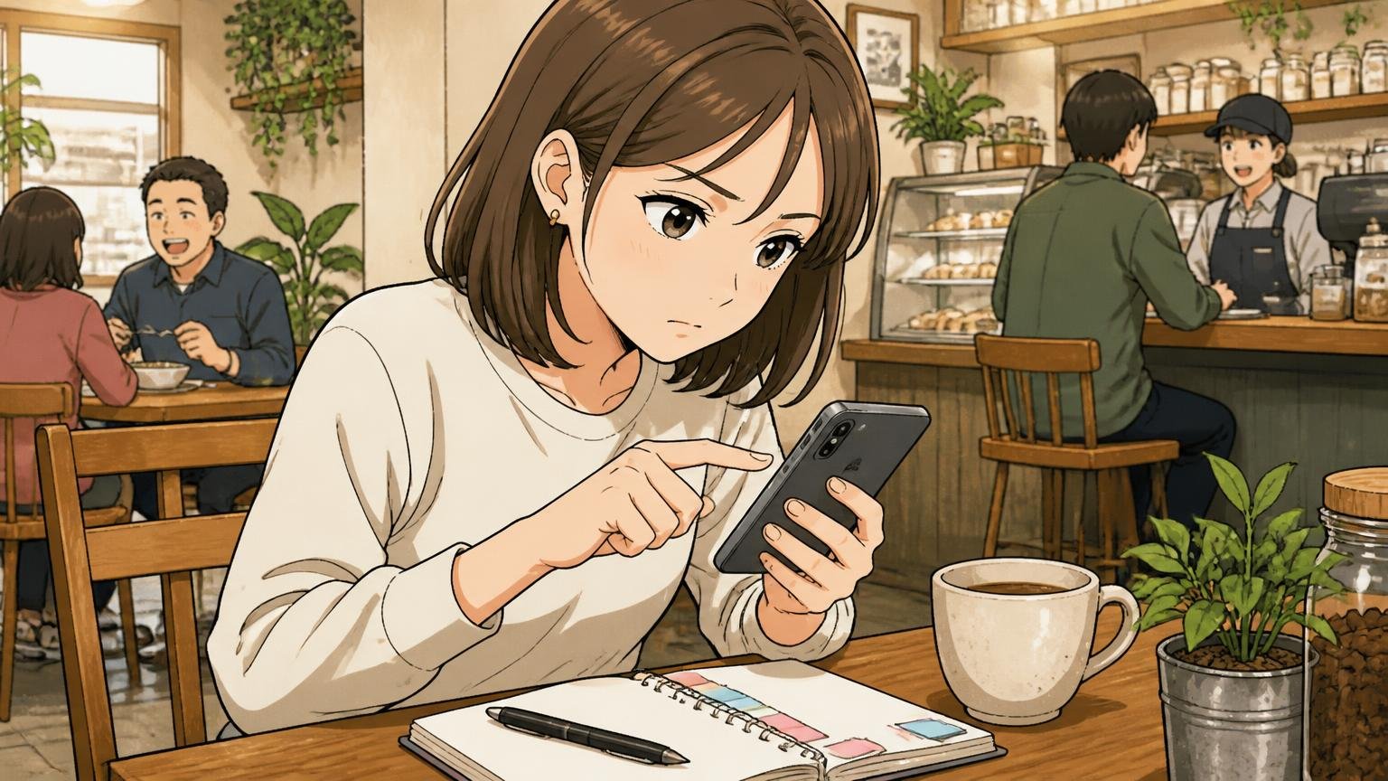 悪い口コミが少ないときほど"ただし書き"を読む カフェのテーブルでスマホの口コミを指でなぞりながらメモを取る場面 30代女性1人 真剣な表情