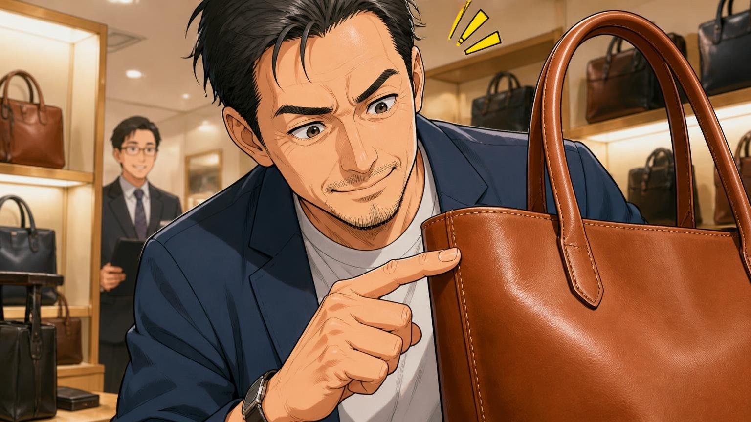 値段は高めでも作りに納得という声、ショールームで40代男性が革トートの縫い目を指でなぞり深くうなずく場面