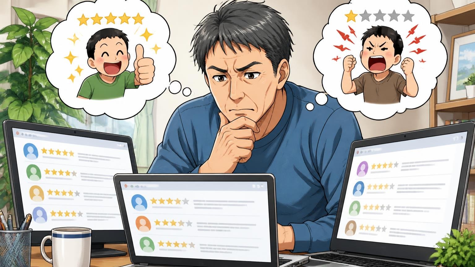 口コミの偏りを割り引いて読む 自宅のパソコンで複数のレビューサイトを開いて考え込む40代男性1人