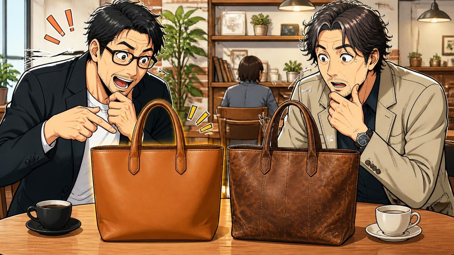 理由③「何年使った人の声か」で、同じバッグの評価が変わる、カフェのテーブルで新品と使い込んだ革トートを並べて見比べる40代男性2人