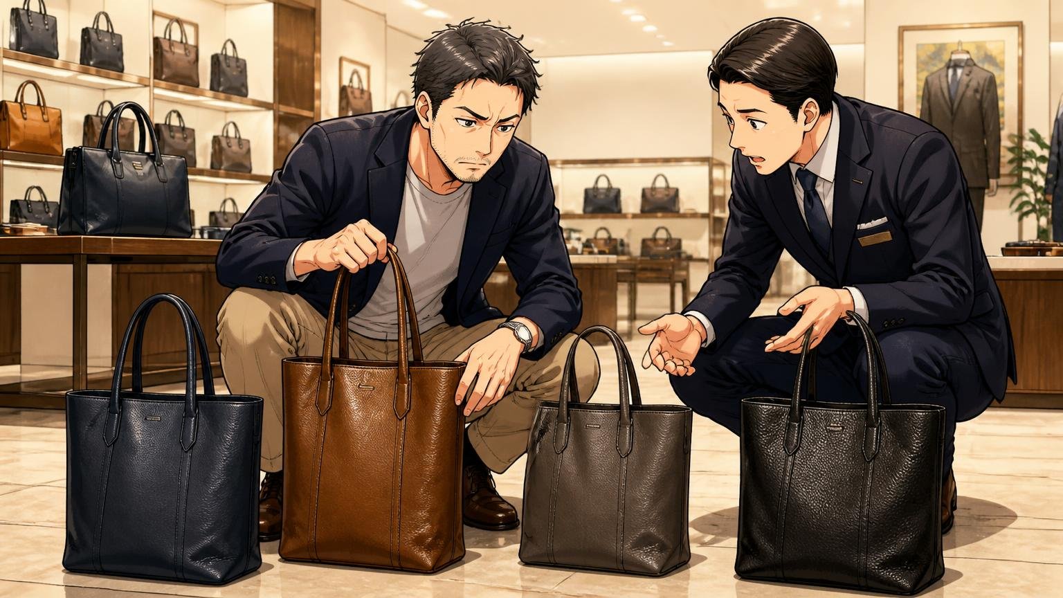 柔らかさ・自立・持ち手はモデル次第　百貨店の売り場で複数の革のトートを床に置き比べる40代男性と店員が真剣な場面