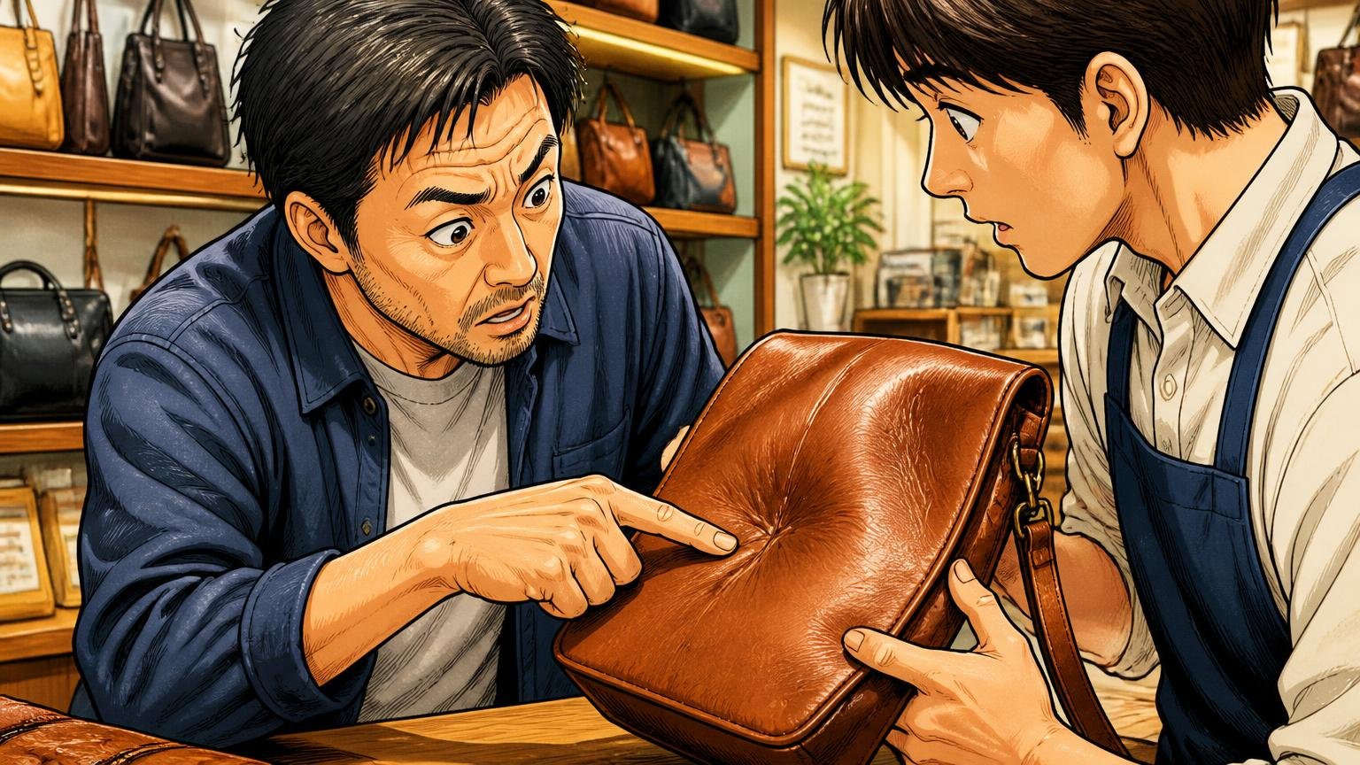 低評価は「欠陥」か「革の個性」かで仕分ける、ショップのカウンターで店員と革のシワを指さし確認する40代男性
