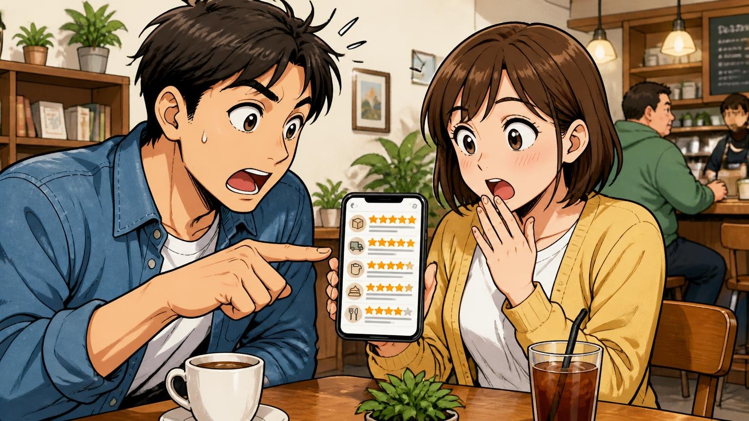 ★5の中に「梱包・発送」への評価が混ざり、使用期間が書かれていない カフェのテーブルでスマホの口コミを指さして話し合う男女2人の場面