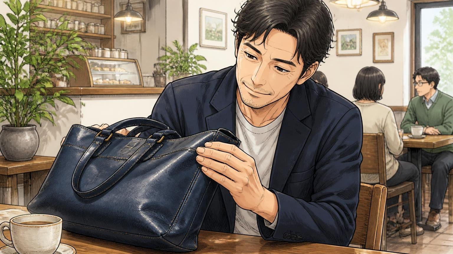 半年〜5年半使った人が語る「傷みにくさ」/カフェのテーブルで使い込んだ紺色の革トートの角をなでて微笑む40代男性1人