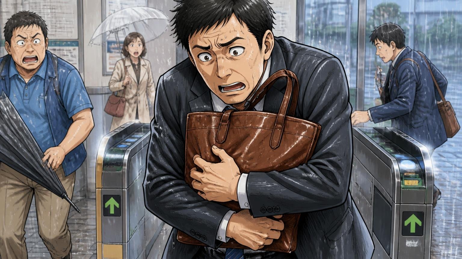 「雨の日に使いにくい」はアニリン仕上げの性格　雨の駅の改札前で革のトートを胸に抱えて濡れないよう守る40代男性1人が慌てる