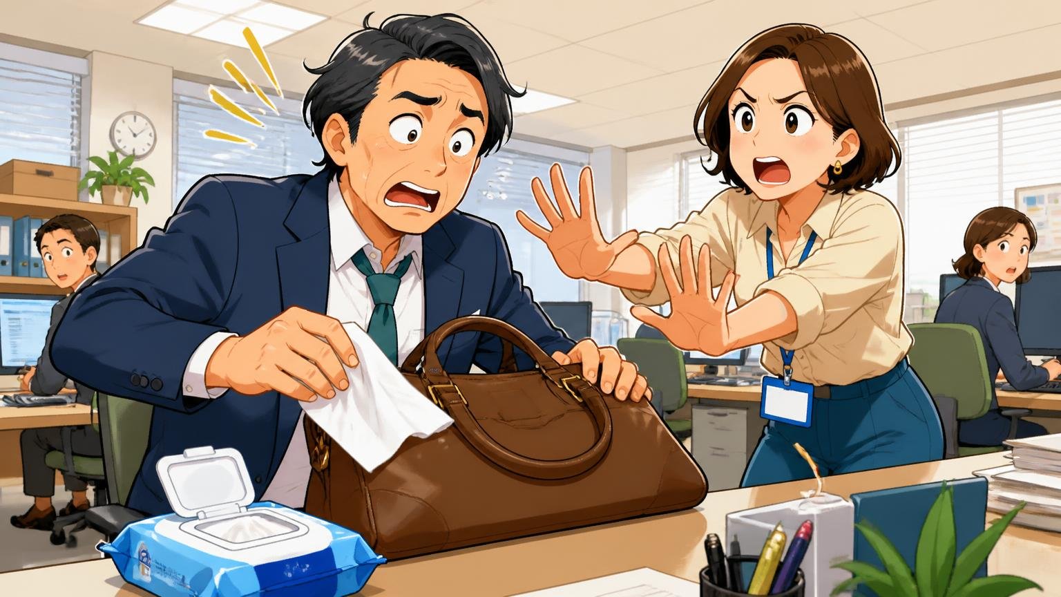 アルコール除菌シートで拭く オフィスのデスクで除菌シートを手に革バッグを拭こうとして同僚に止められる40代男性と30代女性の2人