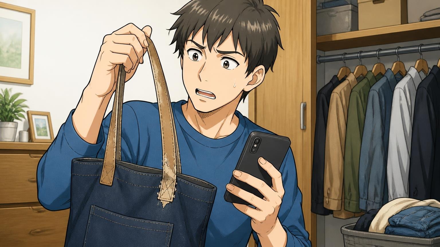 修理の窓口と返品の条件は、買う前に確かめておく 自宅のクローゼット前で男性が持ち手の傷んだトートを手に修理先を調べる場面