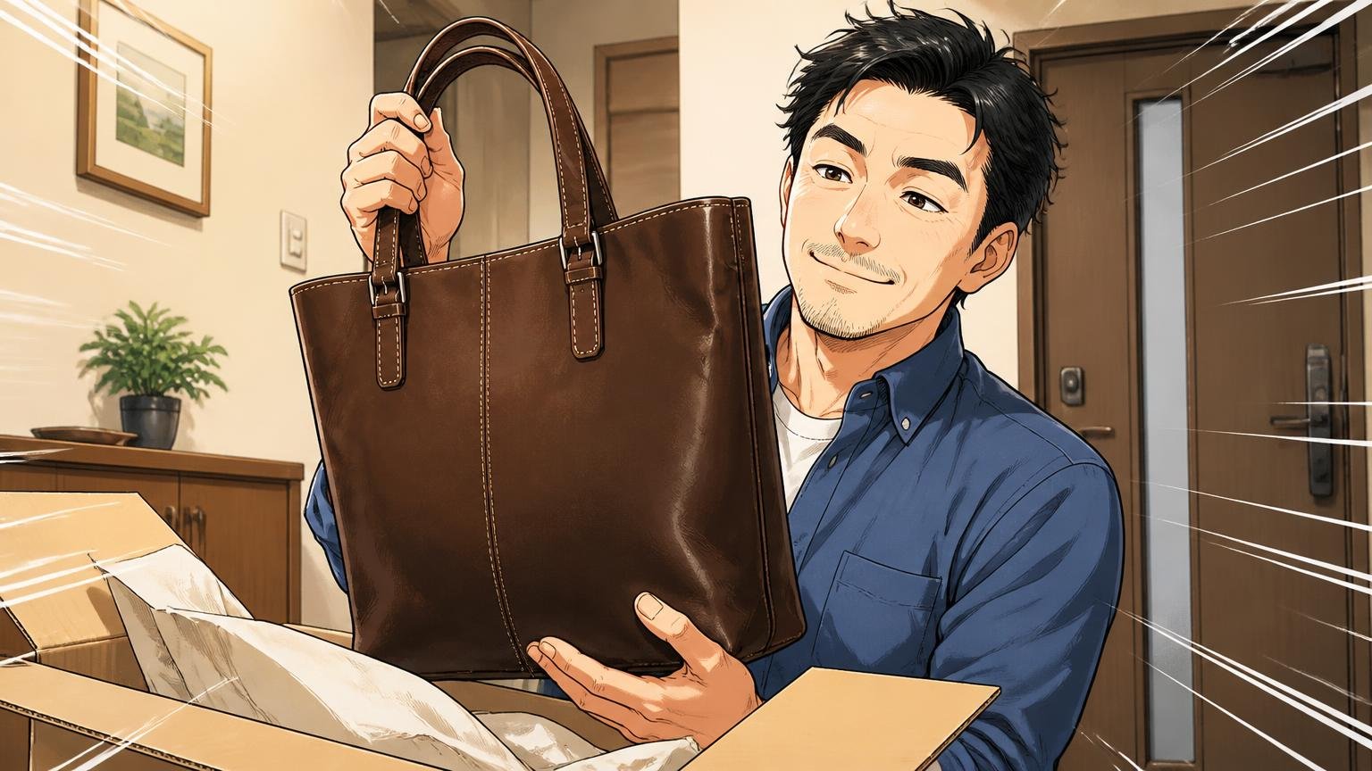 「さすがエース」という安心感と日本製モデル自宅の玄関で届いた箱から革トートを取り出し満足げな40代男性1人
