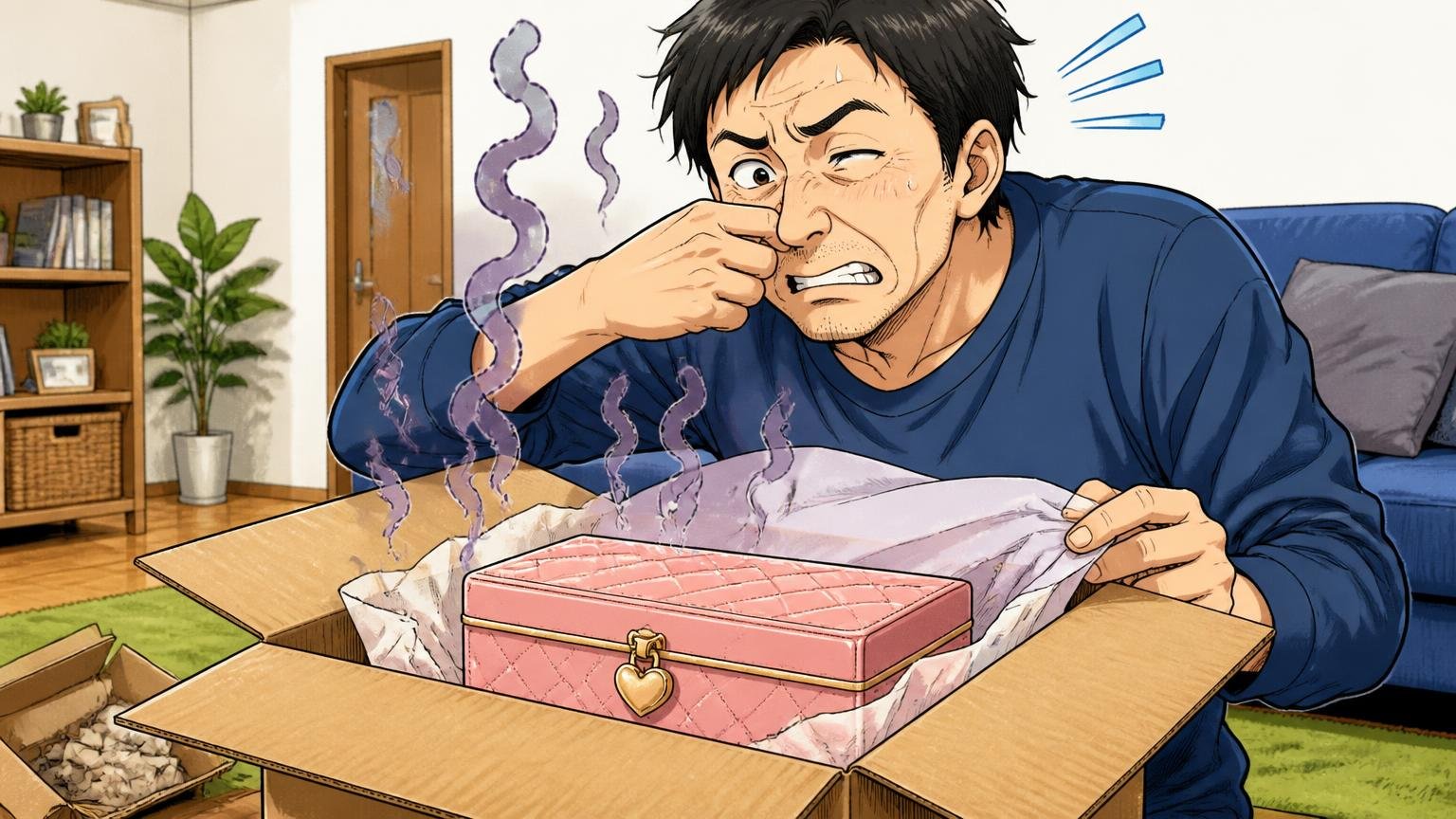 内装の安っぽさ・開封時のにおい・ハート形の引き手 自宅のリビングで届いた箱を開けた40代男性が鼻をつまみ苦笑いする場面