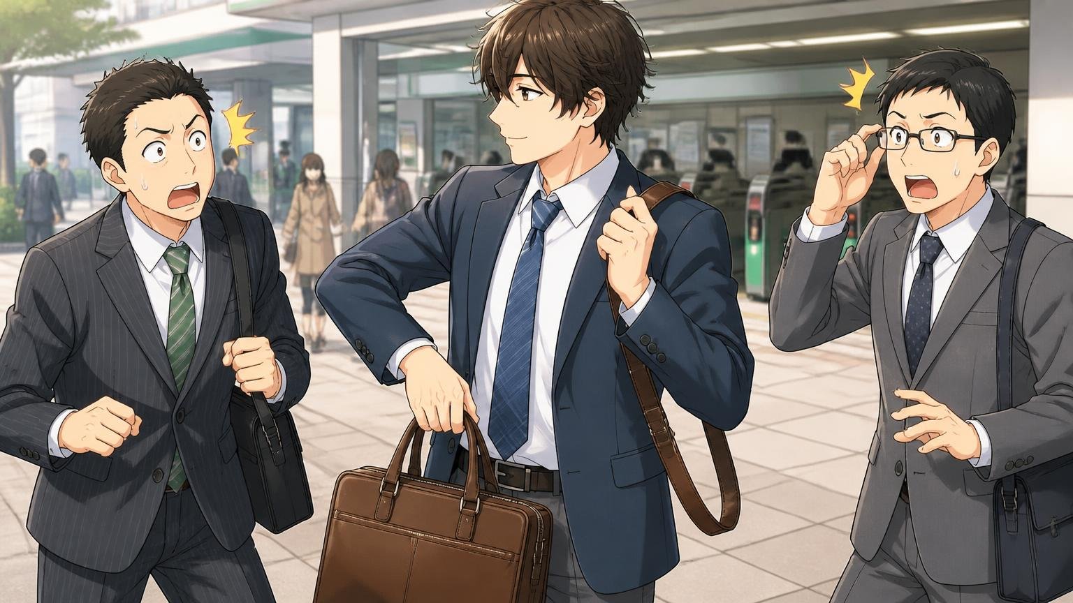 肩掛けより手持ち、片側だけに負担をかけない 朝の駅前で革のバッグを肩掛けから手持ちに替える場面 男性会社員2人が驚く表情