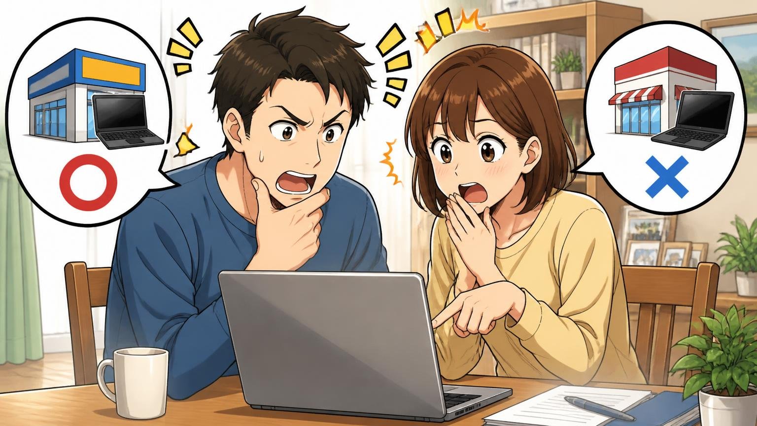 保証と修理の条件は「どこで買ったか」で変わる 自宅のダイニングでノートパソコンの保証ページを見ながら相談する夫婦2人