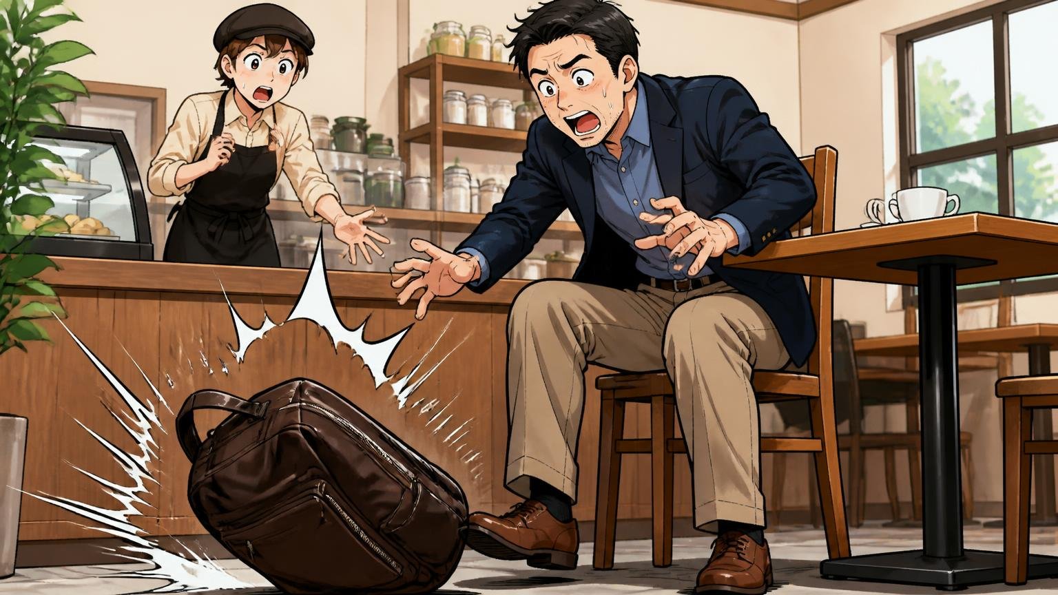 「革が柔らかすぎる」自立しないと感じる人も、カフェの床に置いたリュックが倒れて慌てる40代男性1人と驚く店員1人の場面